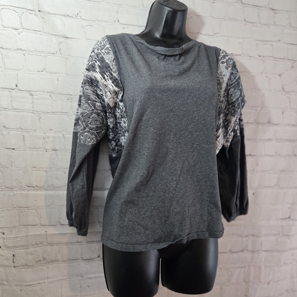 J.Jill Pure Jill Elements 100% Cotton‎ Gray Quilt Pathch Shoulder Blouse Sz XL